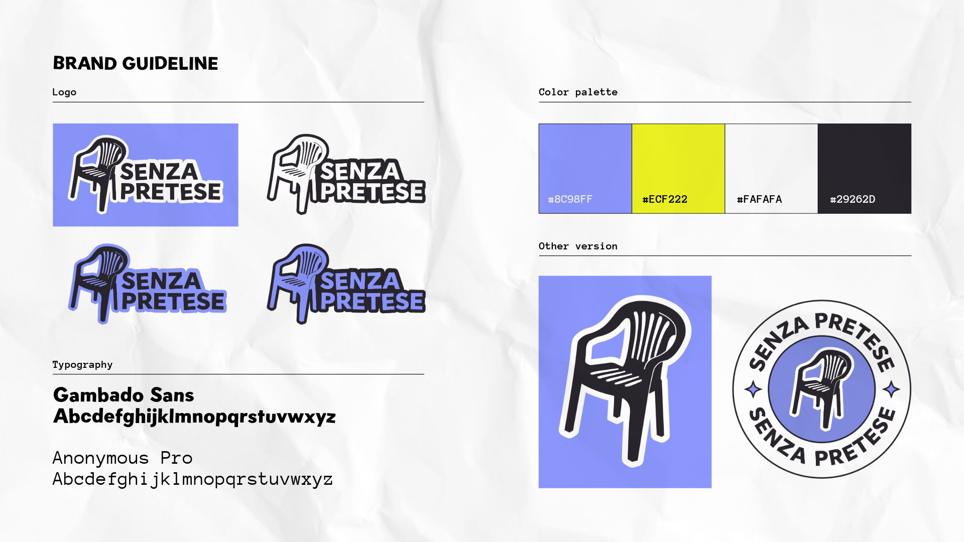 brand guidelines: Linee guida del brand Senza Pretese: palette, font e logo