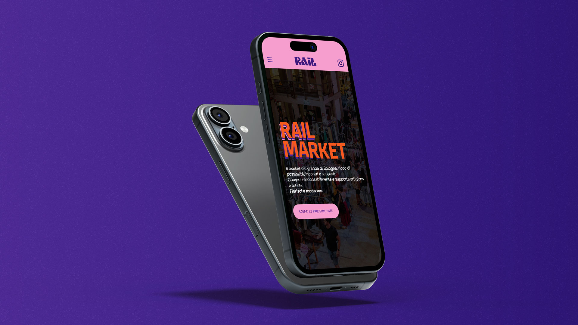 Smartphone con hero section Rail Market
